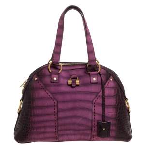Pre Owned Yves Saint Laurent Purple Ombre Croc Embossed Nubuck Leather Medium Muse Satchel