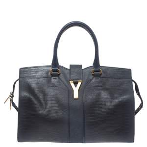 Pre Owned Yves Saint Laurent Navy Blue Lizard Embossed Leather Medium Cabas Y-Ligne Tote