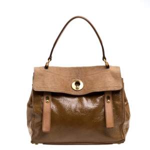 Pre Owned Yves Saint Laurent Tan Calfhair, Patent Leather and Suede Medium Muse Two Satchel