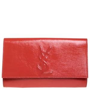 Pre Owned Yves Saint Laurent Orange Patent Leather Belle De Jour Flap Clutch
