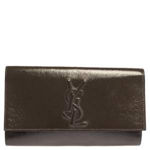 Pre Owned Yves Saint Laurent Khaki Patent Leather Belle De Jour Flap Clutch