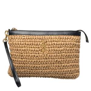 مملوكة مسبقًا حقيبة كلتش معصم سان لوران جلد وقش سوداء / بيج 