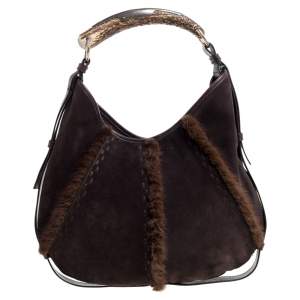 Pre Owned Yves Saint Laurent Dark Brown Suede and Fur Mombasa Hobo