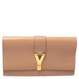 Pre Owned Yves Saint Laurent Nude Beige Leather Y-Ligne Clutch