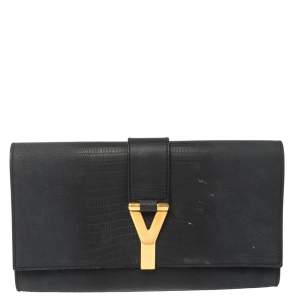 Pre Owned Yves Saint Laurent Navy Blue Lizard Embossed Leather Y-Ligne Clutch