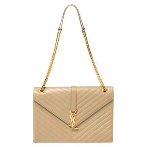 Pre Owned Saint Laurent Beige Matelassé Leather Large Cassandre Flap Bag