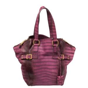 Pre Owned Yves Saint Laurent Purple Croc Embossed Leather Small Downtown Tote