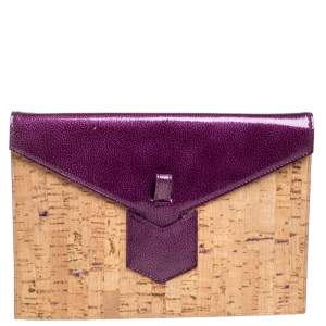 Pre Owned Yves Saint Laurent Beige/Purple Cork and Patent Leather Clutch