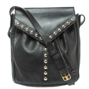 Pre Owned Yves Saint Laurent Black Leather Studded Y Flap Shoulder Bag