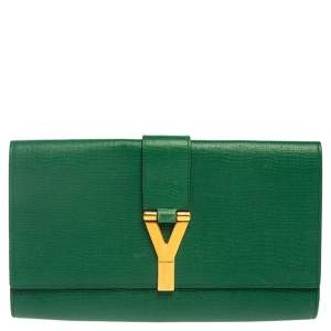 Pre Owned Yves Saint Laurent Green Leather Y-Ligne Clutch