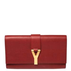 Pre Owned Yves Saint Laurent Red Texured Leather Y-Ligne Clutch