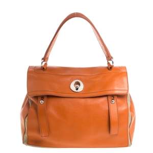 Pre Owned Yves Saint Laurent Orange/Beige Leather and Canvas Muse Two Satchel