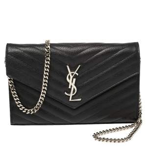 Pre Owned Saint Laurent Black Matelasse Leather Monogram Envelope Wallet on Chain