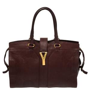 Pre Owned Yves Saint Laurent Burgundy Leather Medium Cabas Y-Ligne Tote