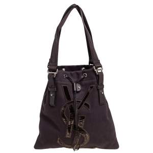 Pre Owned Yves Saint Laurent Chocolate Brown Canvas and Velvet Kahala Drawstring Tote