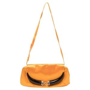 Pre Owned Yves Saint Laurent Orange Satin Horn Embellished Flap Shoulder Bag