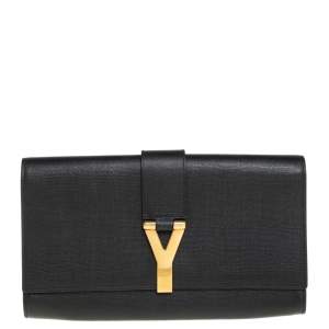 Pre Owned Yves Saint Laurent Black Textured Leather Y-Ligne Clutch