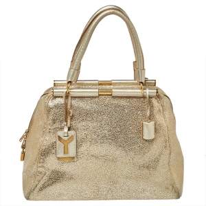 Pre Owned Saint Laurent Metallic Gold Textured Leather Medium Majorelle Tote 