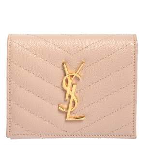 Pre Owned Saint Laurent Nude Pink Matelassé Leather Monogram Trifold Wallet