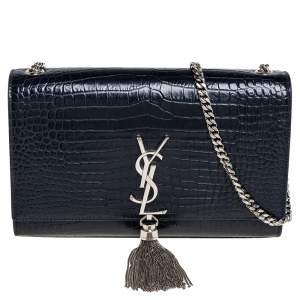 Pre Owned Saint Laurent Midnight Blue Croc Embossed Leather Medium Kate Tassel Shoulder Bag