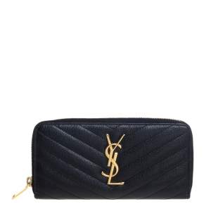 Pre Owned Saint Laurent Black Matelassé Leather Monogram Zip Around Wallet