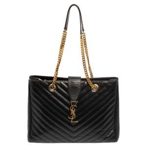 Pre Owned Saint Laurent Black Matelasse Leather Cassandre Shopper Tote