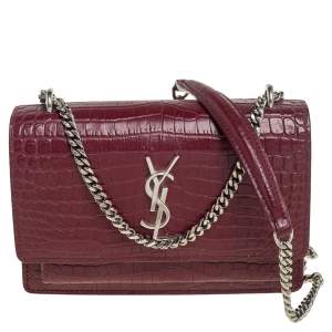 Pre Owned  Saint Laurent Burgundy Croc Embossed Leather Sunset Shoulder Bag