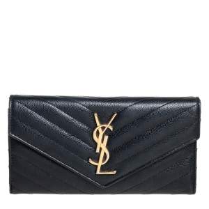 Pre Owned Saint Laurent Black Matelassé Leather Monogram Envelope Wallet