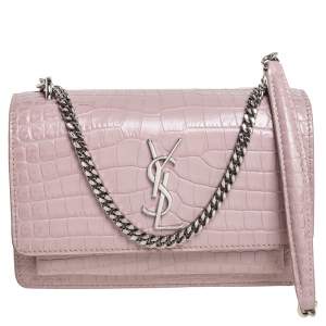 Saint Laurent Powder Pink Croc Embossed Leather Sunset Wallet On Chain