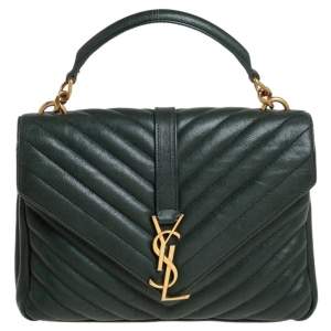 Pre Owned Saint Laurent Green Matelassé Leather Medium College Top Handle Bag