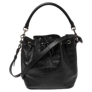 Pre Owned Saint Laurent Black Croc Embossed Leather Emmanuelle Drawstring Bucket Bag