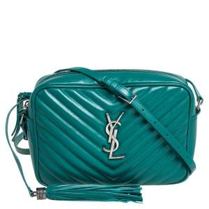 Pre Owned Saint Laurent Green Matelassé Leather Monogram Lou Camera Crossbody Bag