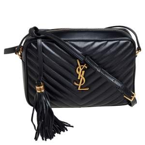 Pre Owned Saint Laurent Black Matelassé Leather Monogram Lou Camera Crossbody Bag