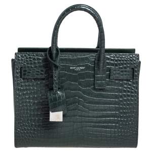 مملوكة مسبقًا Saint Laurent Green Croc Embossed Leather Nano Classic Sac De Jour Tote