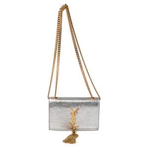 Pre Owned Saint Laurent Silver Textured Leather Small Kate Tassel Crossbody Bag