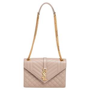Pre Owned Saint Laurent Beige Tri Quilted Leather Monogram Envelope Shoulder Bag