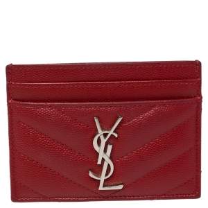 Pre Owned Saint Laurent Red Matelassé Leather Monogram Card Holder