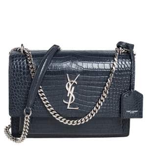 مملوكة مسبقًا Saint Laurent Dark Grey Croc Embossed Leather Medium Sunset Shoulder Bag