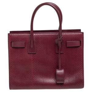 Pre Owned Saint Laurent Dark Red Snakeskin and Leather Baby Classic Sac De Jour Tote