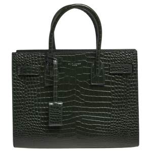مملوكة مسبقًا Saint Laurent Dark Green Croc Embossed Leather Baby Classic Sac De Jour Tote