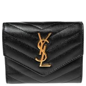 Pre Owned Saint Laurent Black Matelassé Leather Monogram Trifold Wallet