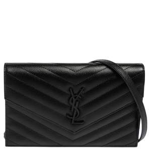 مملوكة مسبقًا Saint Laurent Black Matelassé Leather Monogram Envelope Wallet on Chain
