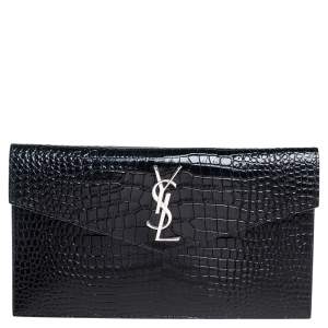 مملوكة مسبقًا Saint Laurent Black Croc Embossed Leather Uptown Clutch