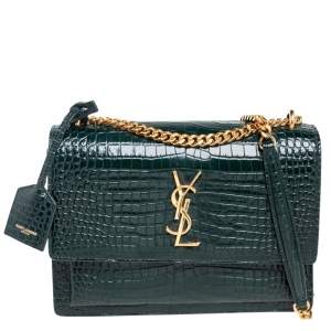 مملوكة مسبقًا Saint Laurent Green Croc Embossed Leather Medium Sunset Shoulder Bag