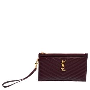 Pre Owned Saint Laurent Wine Red Chevron Quilted Leather Monogram Zipped Pouch  