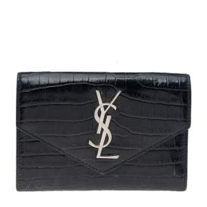 Saint Laurent Black Croc Embossed Leather Monogram Envelope Compact Wallet