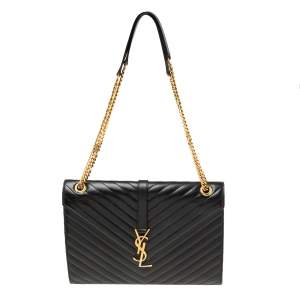 Pre Owned Saint Laurent Black Matelassé Leather Large Monogram Envelope Shoulder Bag