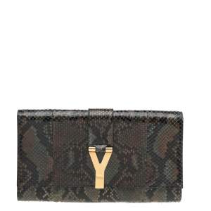 Pre Owned Yves Saint Laurent Brown Python Leather Y-Ligne Clutch