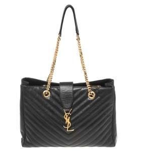 Pre Owned Saint Laurent Black Chevron Leather Classic Monogram Shopping Tote