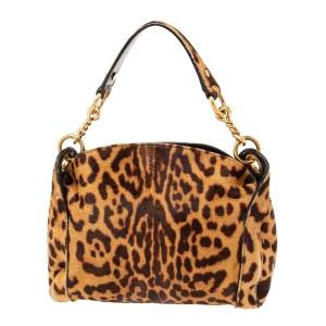 Pre Owned Yves Saint Laurent Brown Leopard Print Calf Hair Chain Shoulder Bag